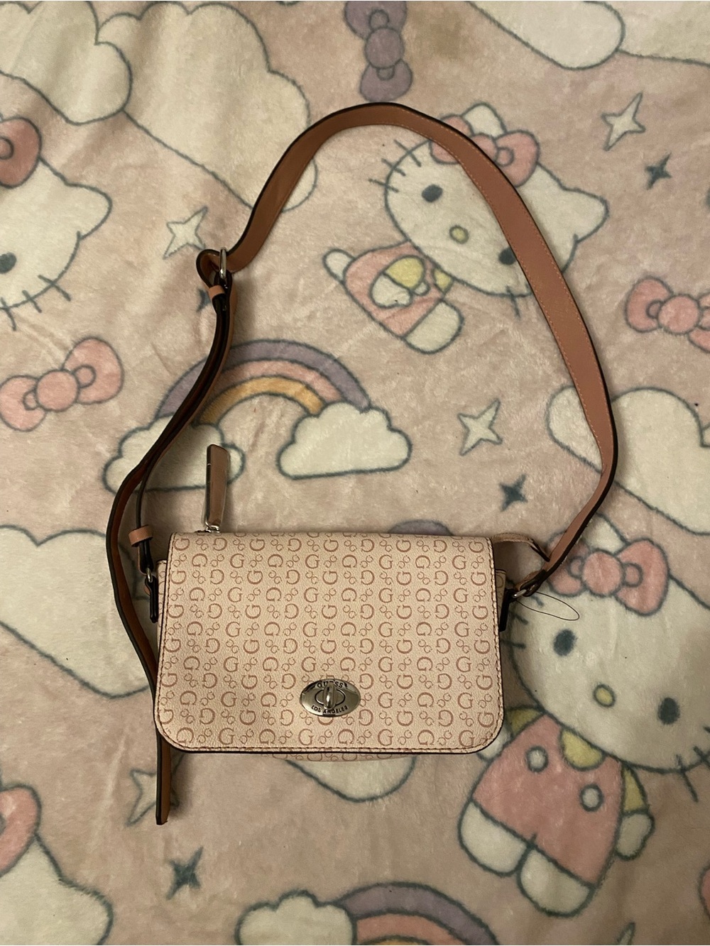 GUESS Pink Monogram Crossbody Bag with Tan Trim